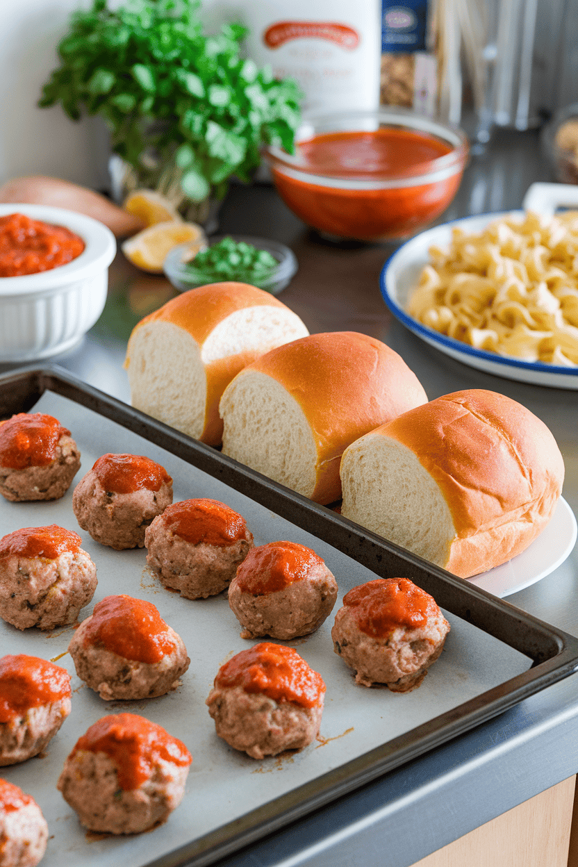 An indoor counter scene with a baking sheet of saucy turkey meatballs next to split rolls stuffed with cheese. No text or logos; photo, not illustration.