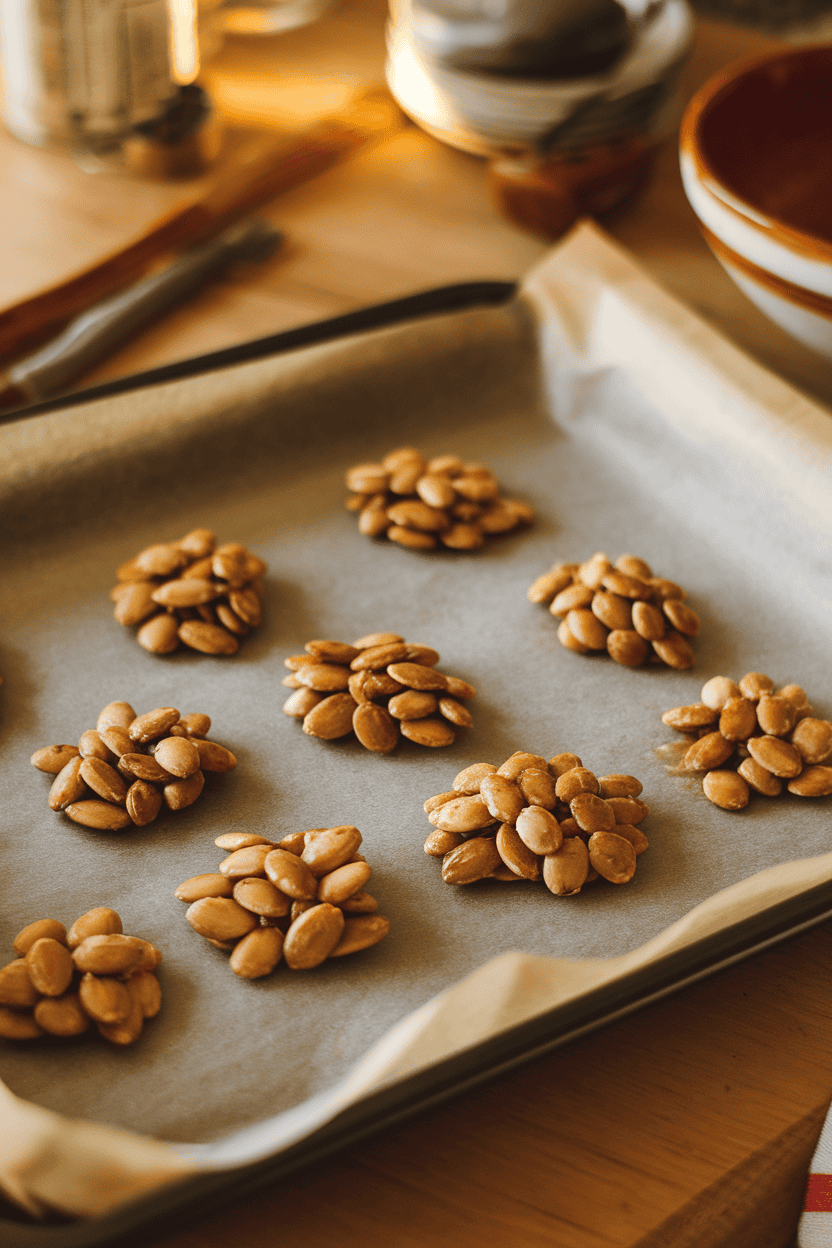 Indoor parchment-lined tray with small clusters of toasted pumpkin seeds bound by maple syrup, cooling to a glossy finish. Warm indoor lighting, no text or logos, photo only.