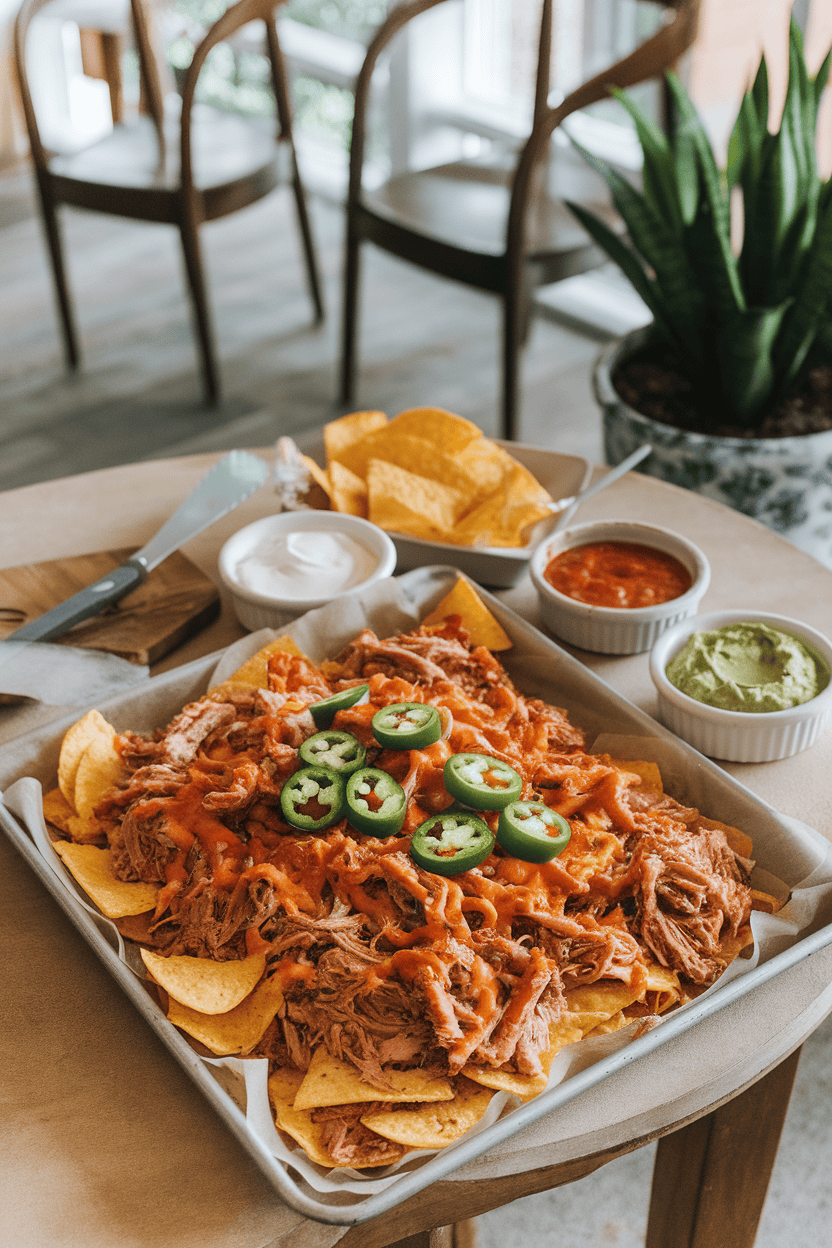 Indoor snack table featuring a sheet pan of oven-baked nachos topped with shredded pulled pork, melted cheese, and sliced jalapeños, no text or logos on dishware.