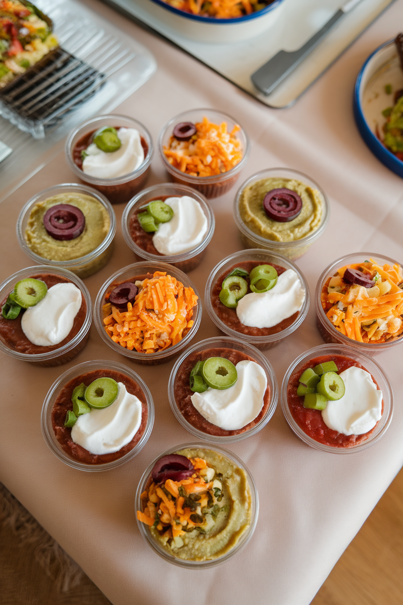 Photo of an indoor table with clear ramekins showing neat layers of refried beans, guacamole, sour cream, salsa, cheese, olives, and green onions. Overhead shot; no text or logos.