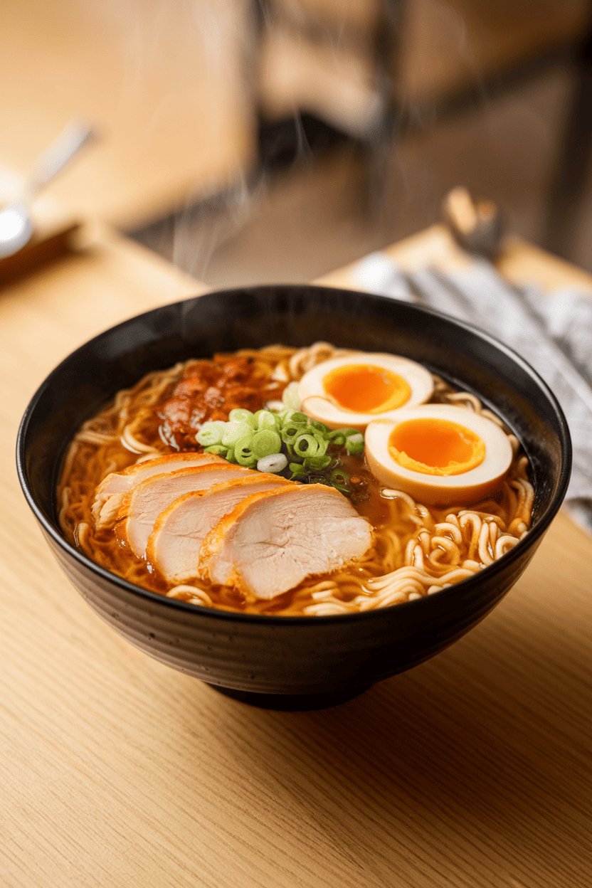 Indoor tabletop with a deep bowl of ramen noodles in steaming miso broth, topped with sliced chicken, soft-boiled egg, and green onions; no logos, photo not illustration.