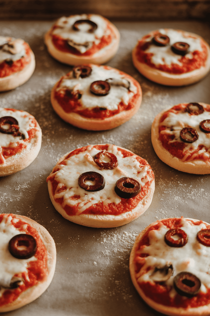 Indoor baking sheet with several English-muffin mini pizzas, cheese bubbly and edges slightly crisp. Warm indoor light, no text or logos, photo only.