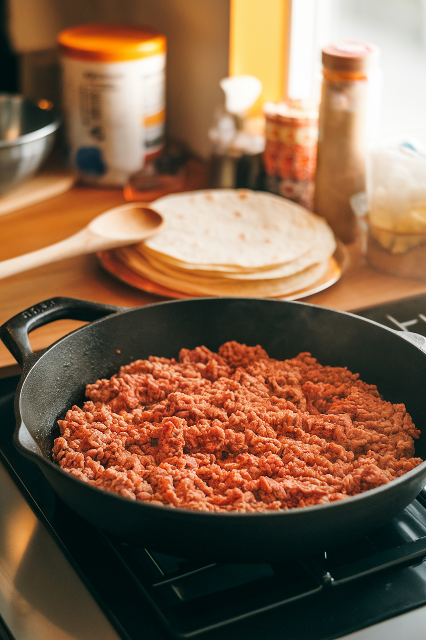 A warmly lit indoor counter with a skillet of seasoned ground turkey, a wooden spoon resting beside a stack of tortillas. No text or logos on any items.