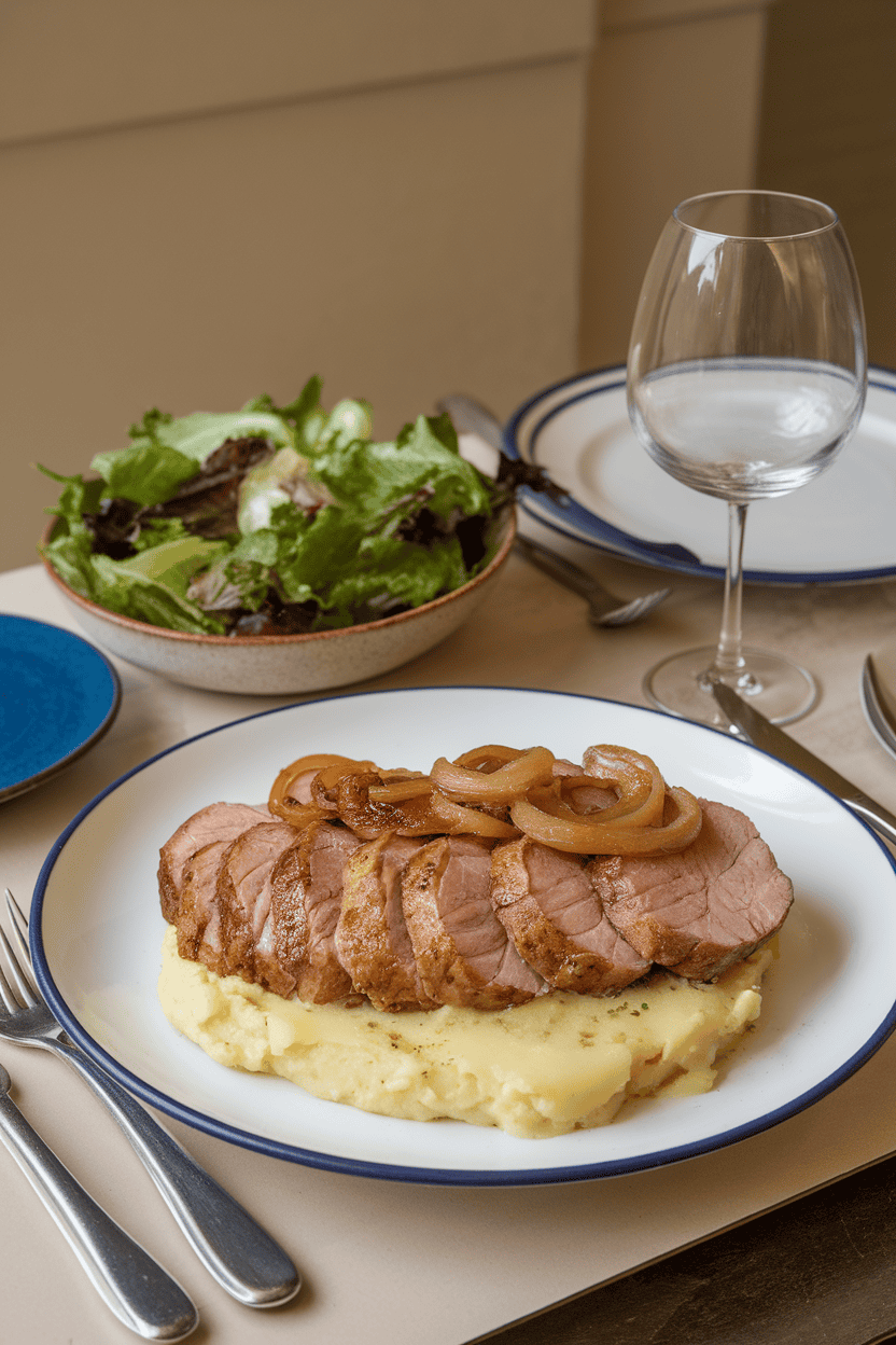 Indoor dining table with sliced pork tenderloin topped with caramelized onions and melted Gruyère cheese; no text or logos present.