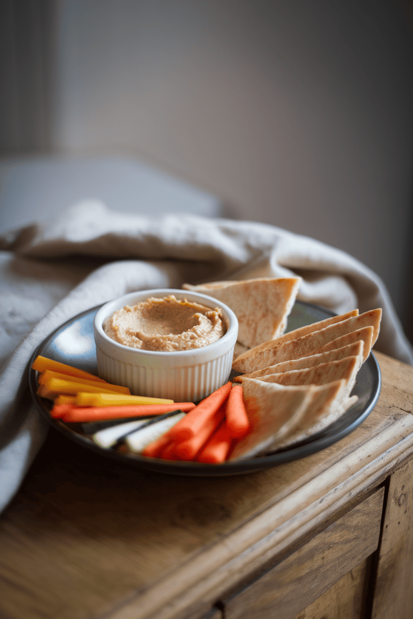 An indoor plate with a small ramekin of creamy hummus, neatly cut whole-wheat pita triangles, and colorful carrot and cucumber sticks; soft table lighting; no text or logos; photo only.