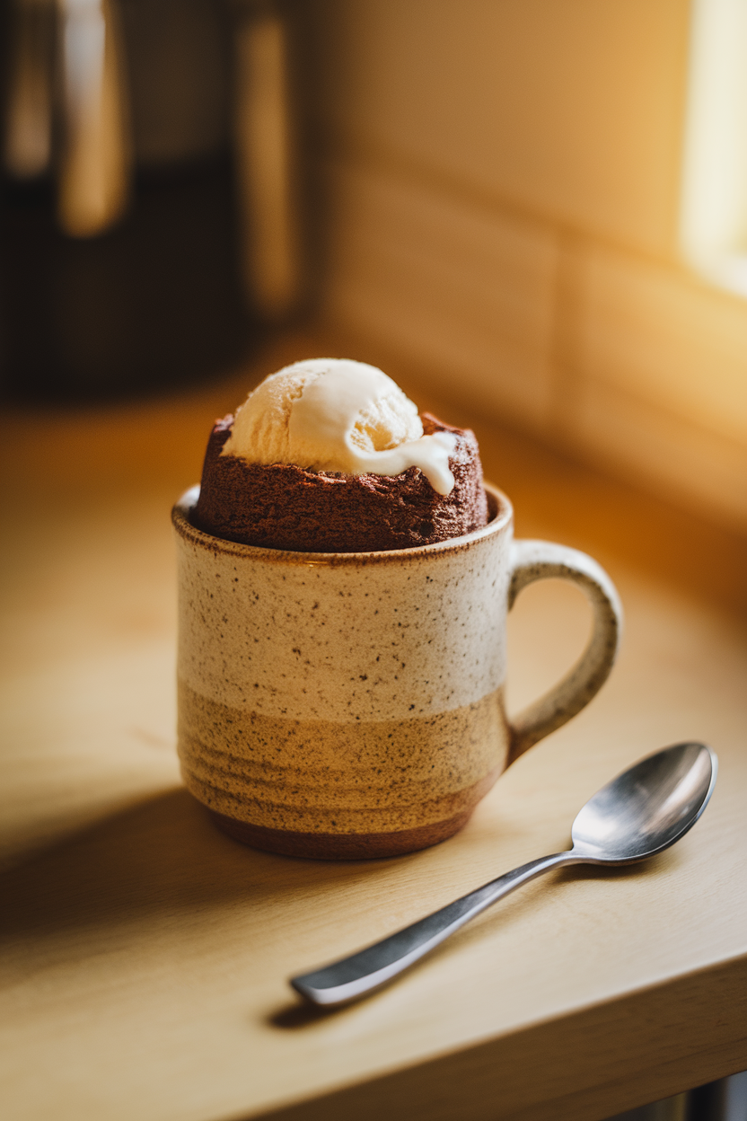 A warmly lit indoor kitchen counter showing a ceramic mug filled with a risen, fluffy chocolate mug cake, topped with a small scoop of melting vanilla ice cream and a spoon resting nearby. Photo only, no text or logos anywhere in the scene.