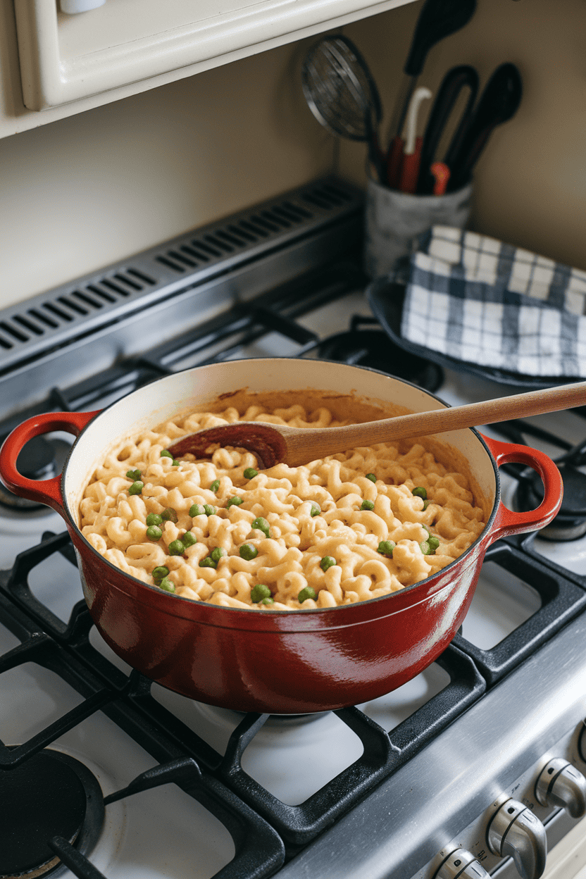 Indoor stovetop setting showing a Dutch oven filled with creamy macaroni and cheese, a scattering of green peas visible, wooden spoon resting inside. No text or logos.
