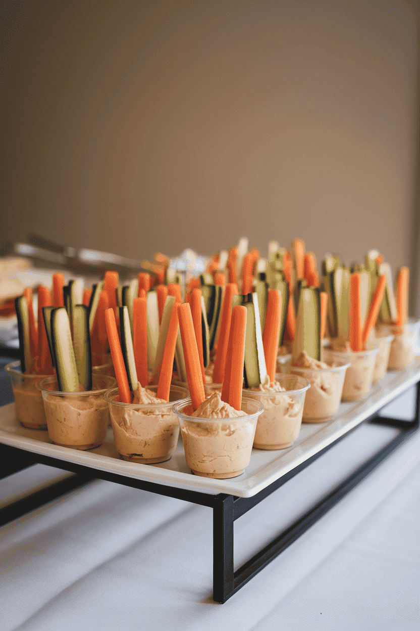 Small clear plastic cups lined up on an indoor buffet, each holding a scoop of hummus with upright carrot and cucumber sticks; neutral background, no text or logos. Photo, not illustration.