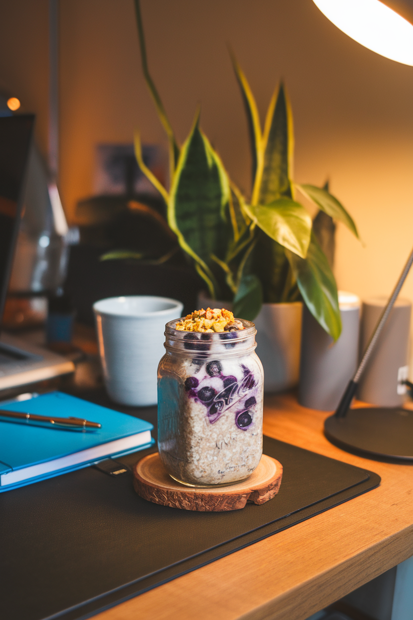 Photo — an indoor workstation with a mason jar of overnight oats swirled with blueberries and topped with crushed pistachios. Warm desk-lamp lighting; no text or logos.