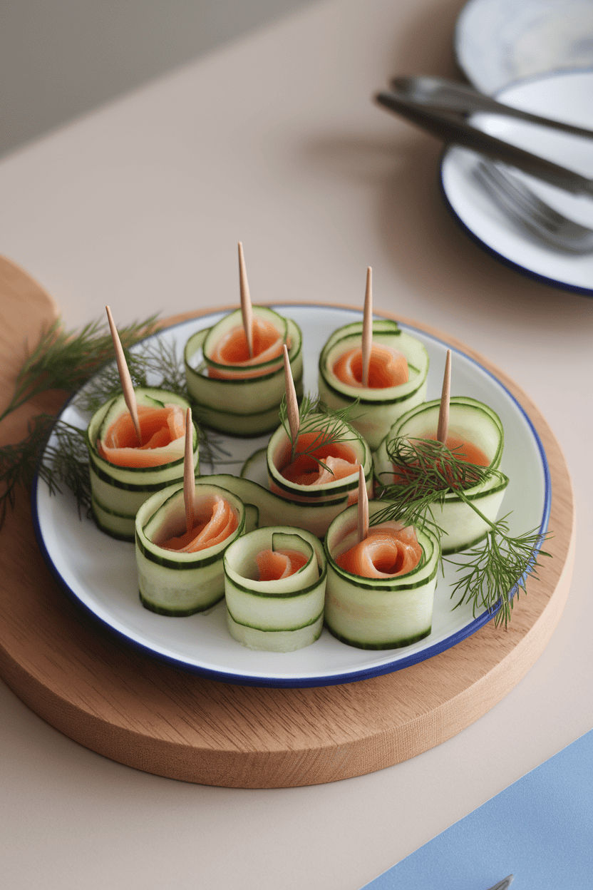 An indoor appetizer plate with thin cucumber ribbons rolled around cooked smoked salmon strips and secured with toothpicks, dill sprigs scattered. No text or logos. Photo only.