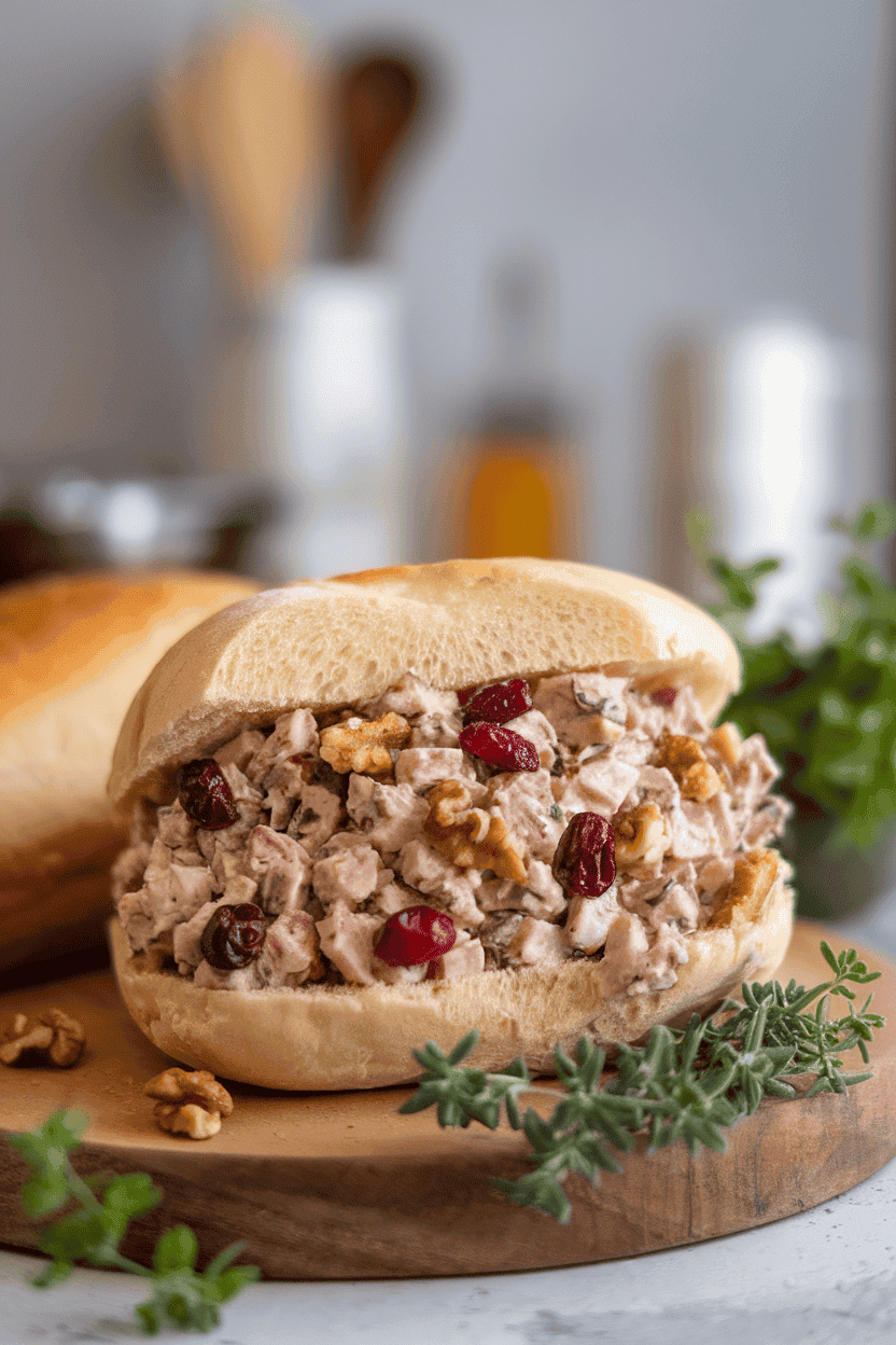 Indoor photo of a soft roll overflowing with turkey salad studded with cranberries and walnuts, no text or logos.