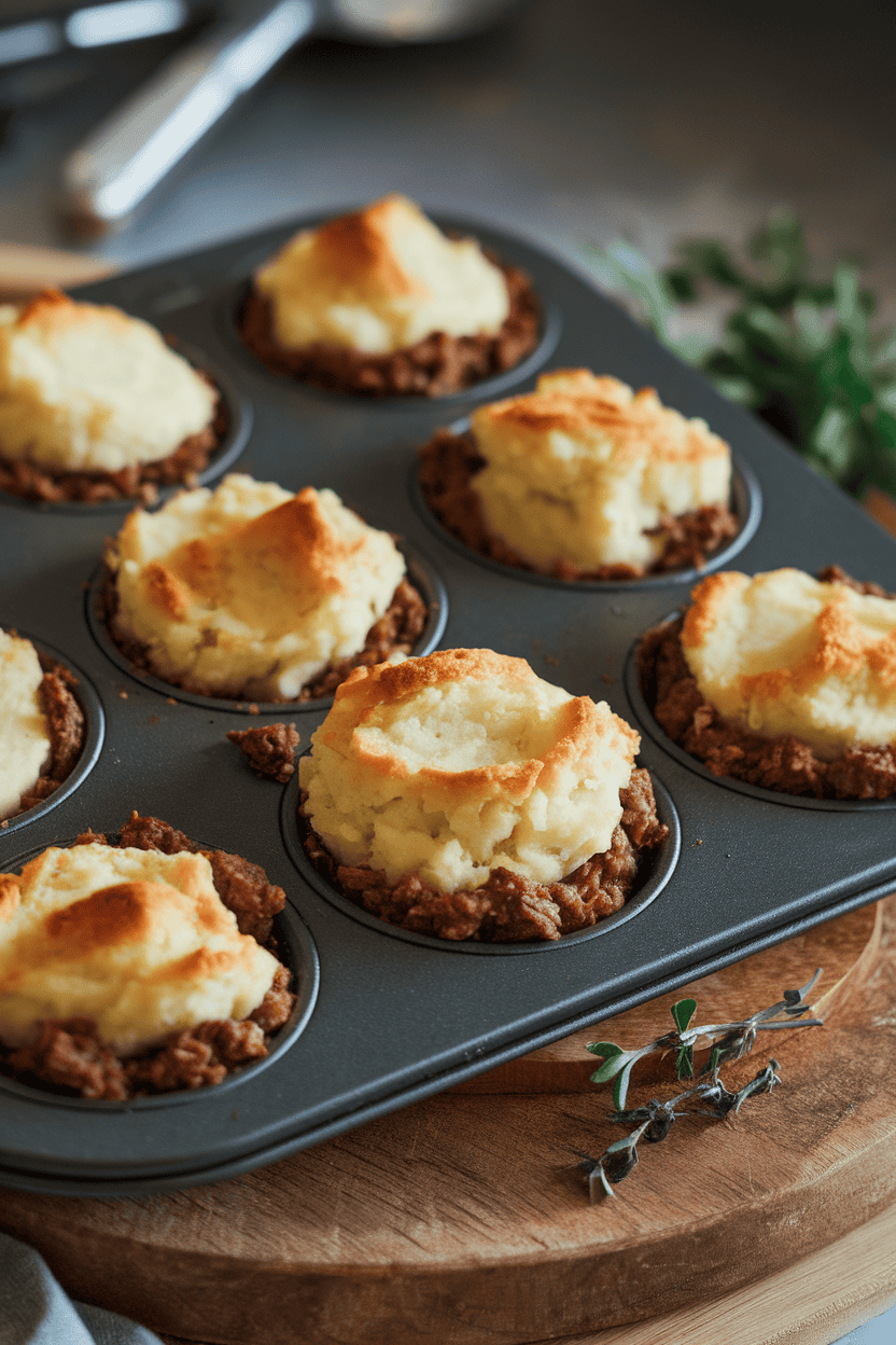 An indoor muffin tin filled with individual shepherd’s pies, mashed potato tops lightly browned, no logos.