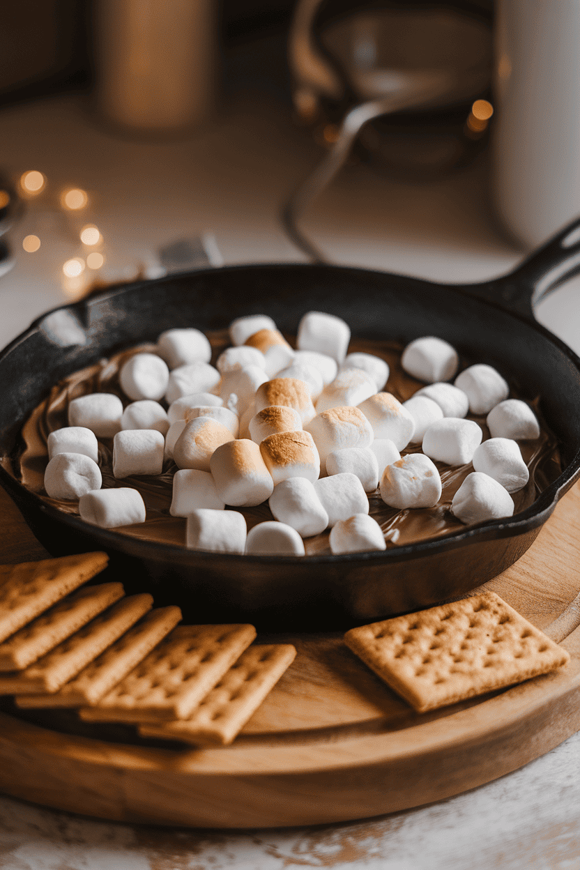 Indoor photo of a cast-iron skillet filled with melted chocolate topped with toasted mini marshmallows, graham crackers arranged nearby for dipping. Warm, cozy lighting; no text or logos.