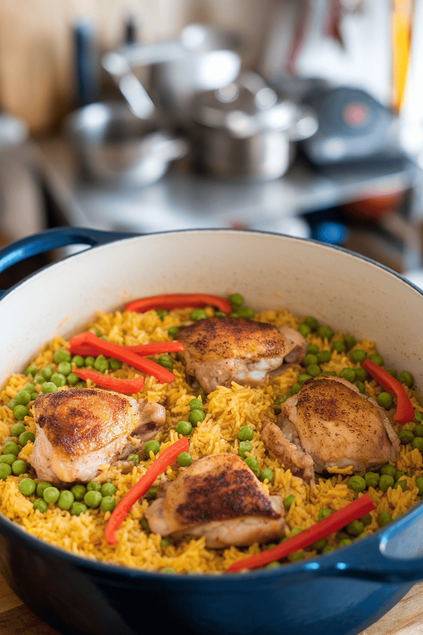 Photo of a Dutch oven filled with saffron-tinted rice, seared chicken thighs, peas, and red pepper strips; indoor lighting; no logos or text.