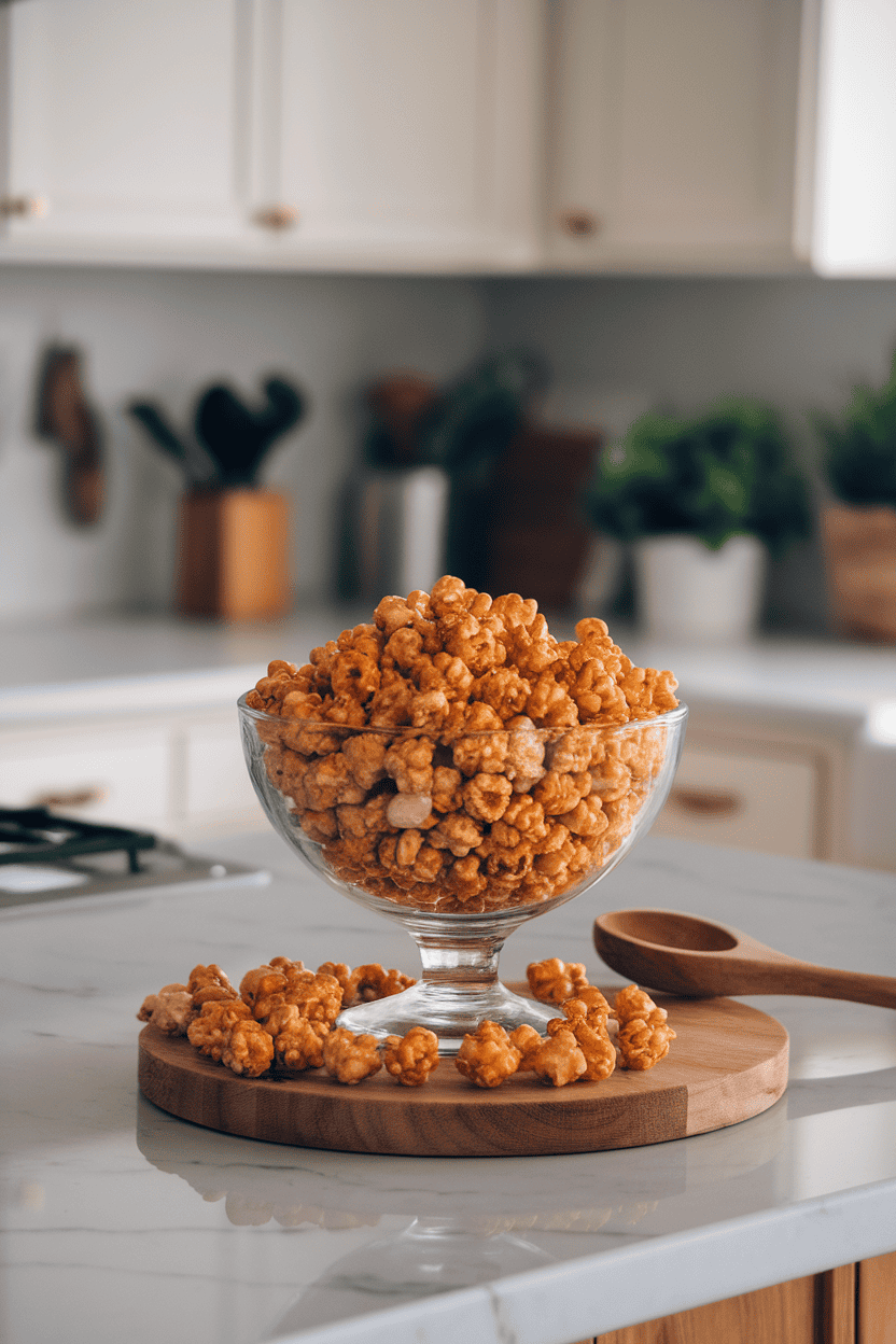 An indoor kitchen island featuring a clear glass bowl filled with glossy caramel corn and scattered candied peanuts. Photo, not illustration. No text or logos.