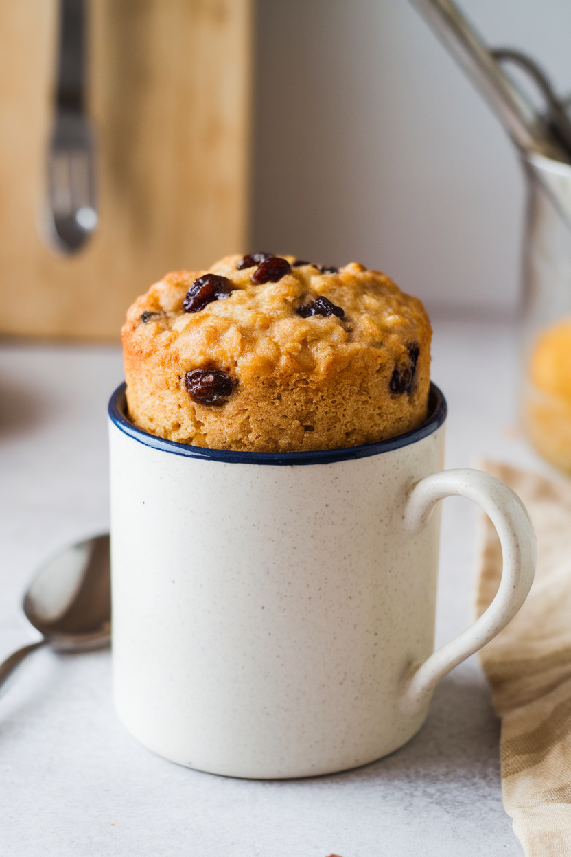 Indoor photo of a white mug with a risen oatmeal raisin cake peeking over the rim, spoon beside it; simple kitchen backdrop; no text or logos. Photo, not illustration.