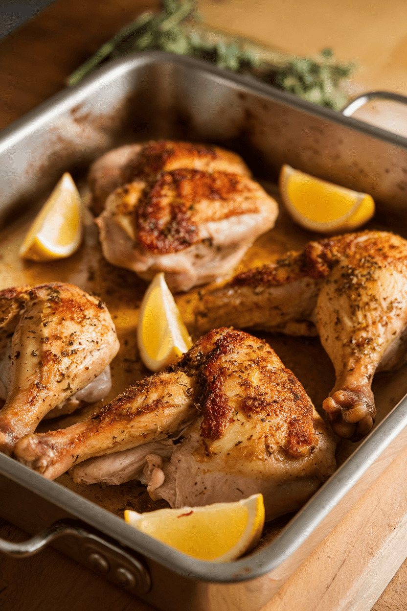 Indoor photo of a roasting pan filled with seasoned chicken leg quarters, skin browned and crispy; lemon wedges nearby; no text or logos.