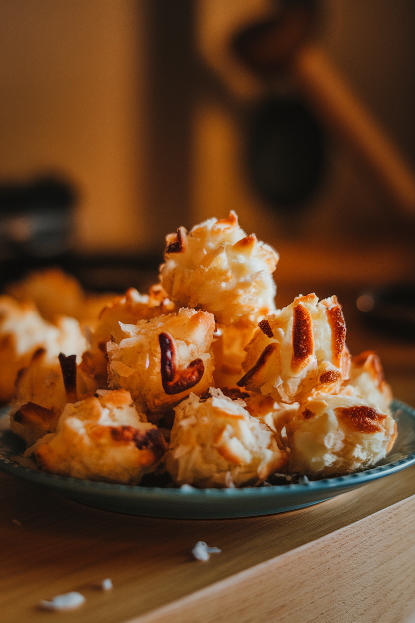 A plate of toasted coconut macaroons under warm indoor lighting, edges lightly browned. Photo, no text or logos present.