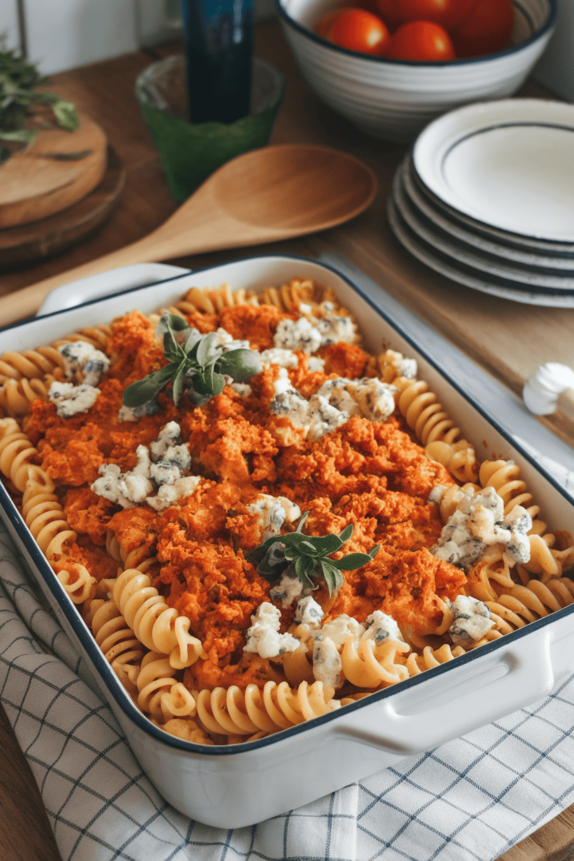 Photo of an indoor countertop displaying a casserole of spiral pasta tossed with buffalo-sauced chicken and blue cheese crumbles melted on top. No text or logos present.