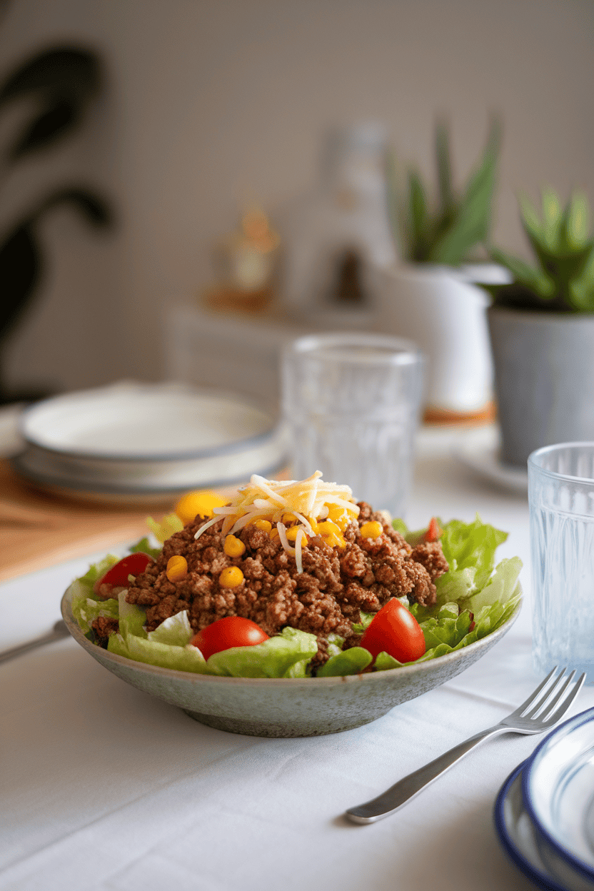 An indoor dining table with a wide salad bowl of lettuce topped with seasoned ground beef, cherry tomatoes, corn, and shredded cheese; photo, no text or logos.