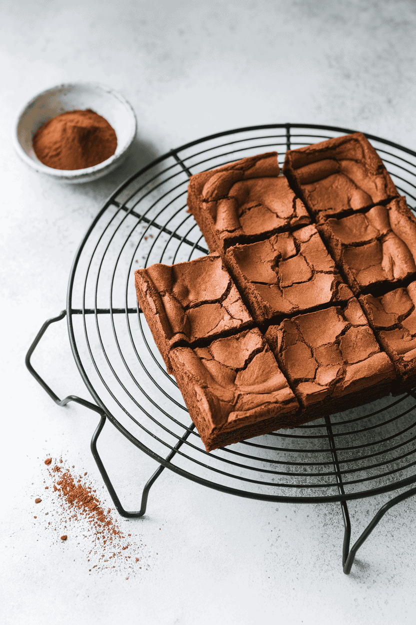 Indoor cooling rack with square brownies, crackly tops, a small bowl of cocoa powder beside them. No text or logos present.