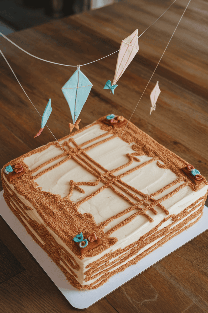 Indoor photo of a rectangular cake iced like a sandy picnic blanket, with fondant kites on thin wire “strings” hovering overhead; no text or logos.