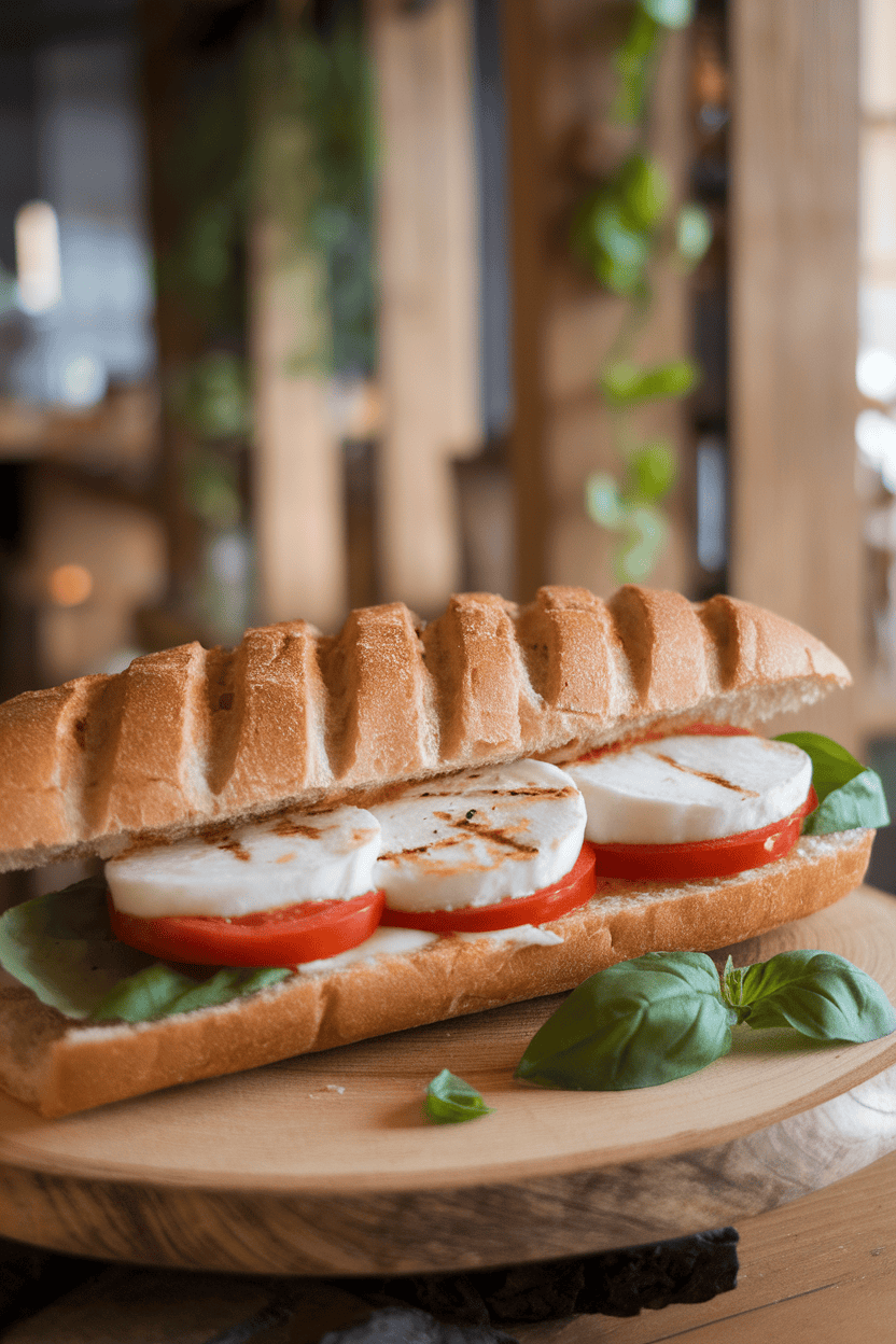 Indoor cafe-style photo of a pressed ciabatta panini with melted mozzarella, tomato slices, and fresh basil, grill marks visible. No text or logos anywhere.