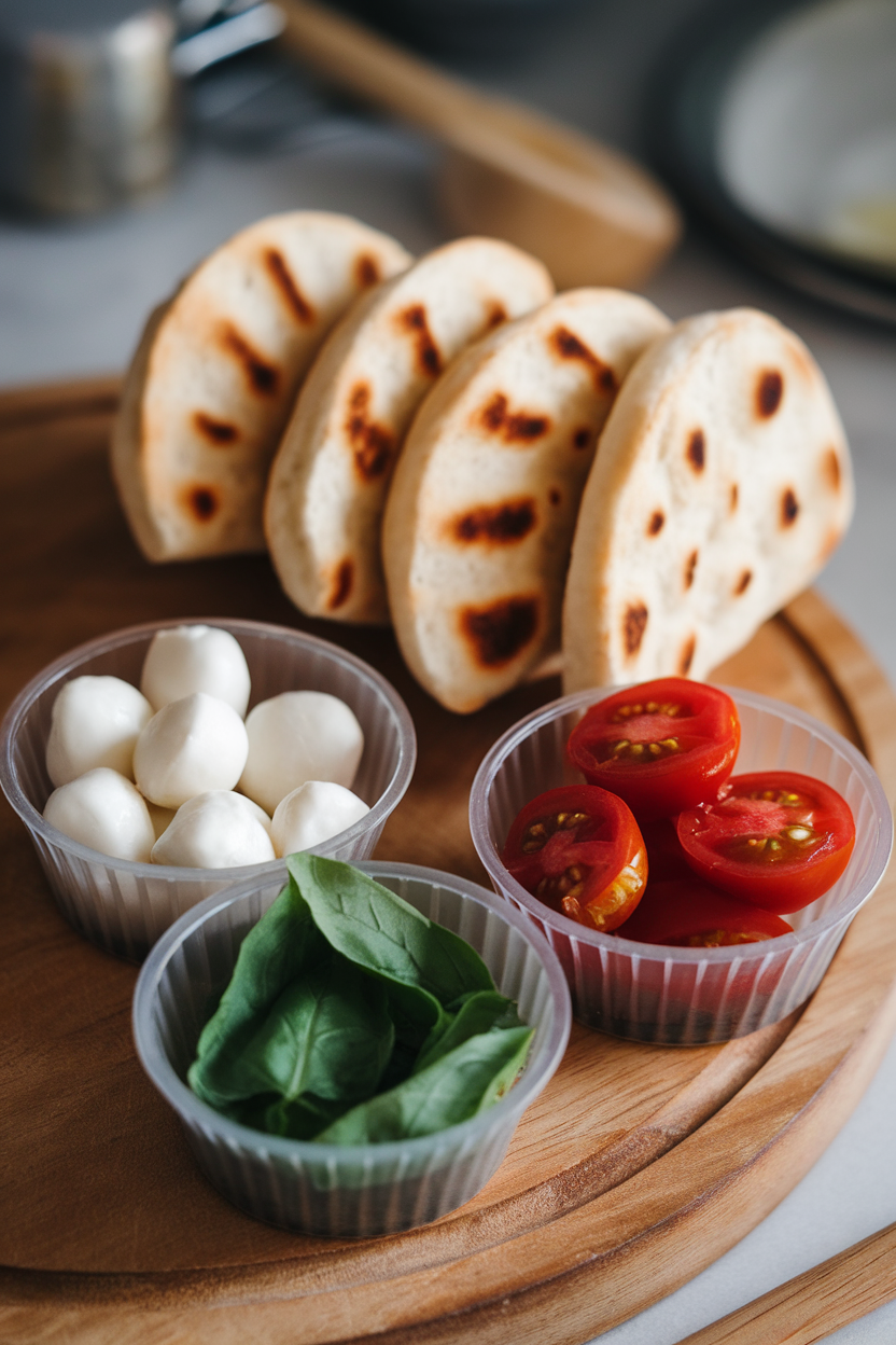 A softly lit indoor shot of halved mini pitas, fresh mozzarella pearls, cherry tomato halves, and small basil leaves in separate silicone cups—no text or logos.
