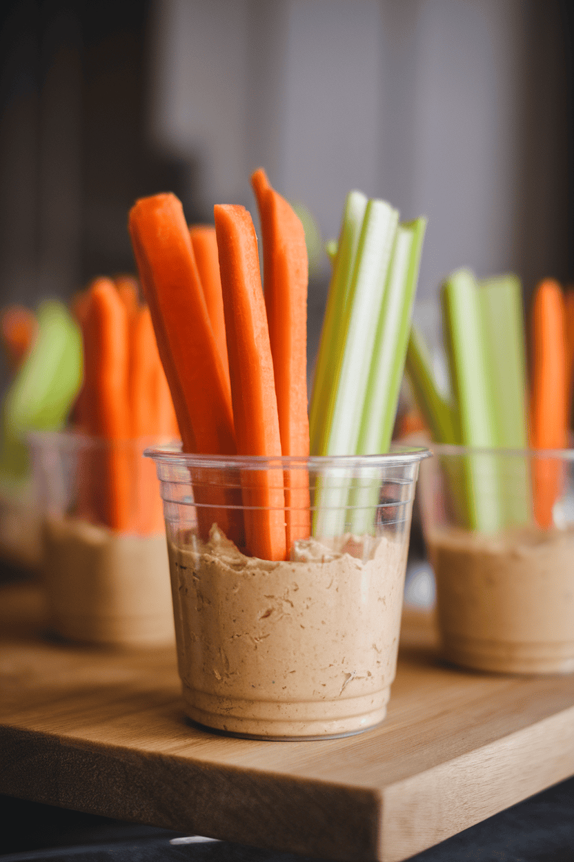 An indoor scene showing clear plastic cups each containing hummus at the bottom with upright carrot and celery sticks, softly lit, no text or logos, photograph.