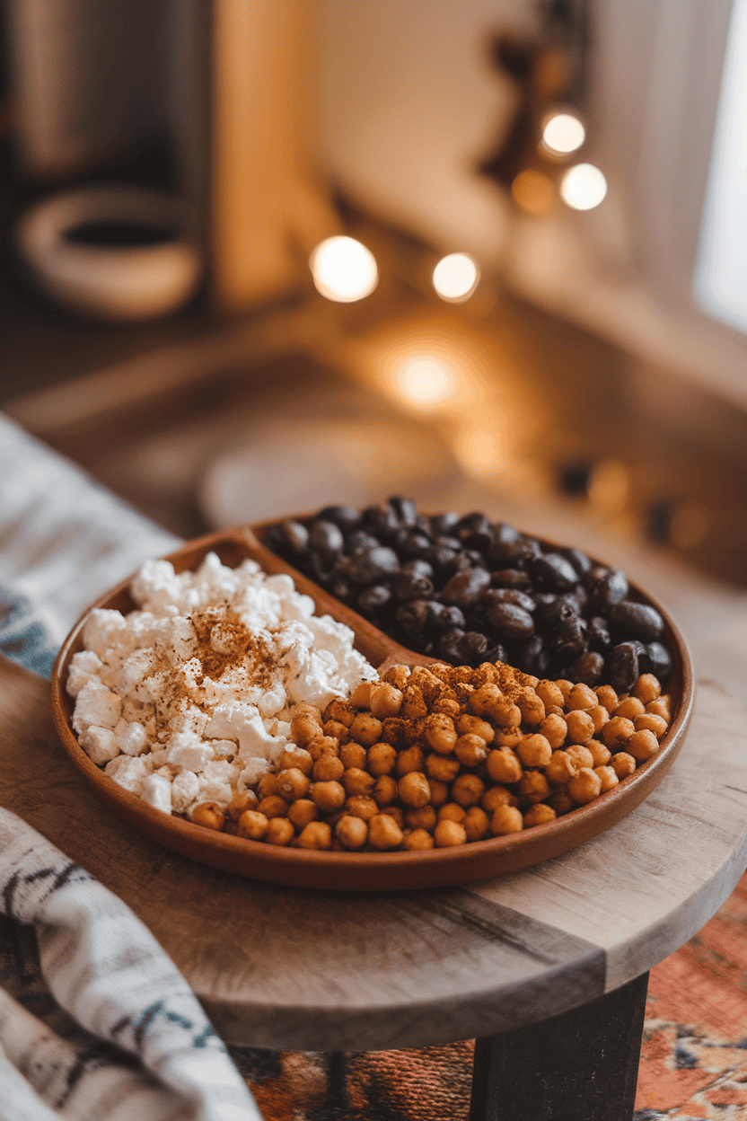 An indoor mezze plate with spiced roasted chickpeas, crumbled feta cheese, and Kalamata olives arranged in separate sections; warm lighting; no text or logos; photo only.