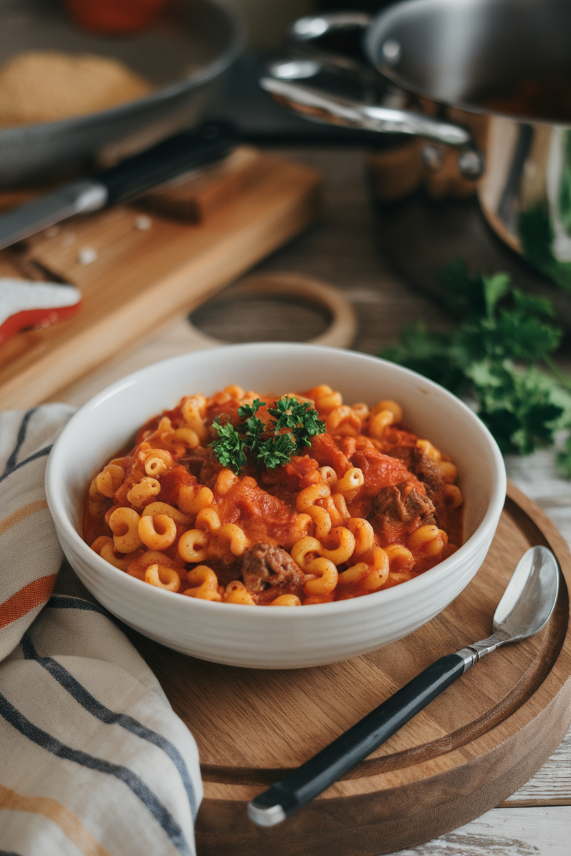 Cozy indoor bowl of beefy elbow-pasta goulash in a tomato base, garnished with a bit of parsley. No text or logos present. Photo, not illustration.