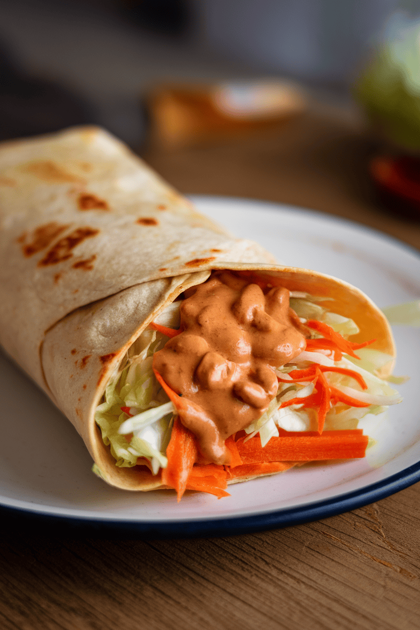 An indoor plate featuring a burrito cross-section with shredded carrots, cabbage, and peanut sauce. No text or logos. Photo, not illustration.