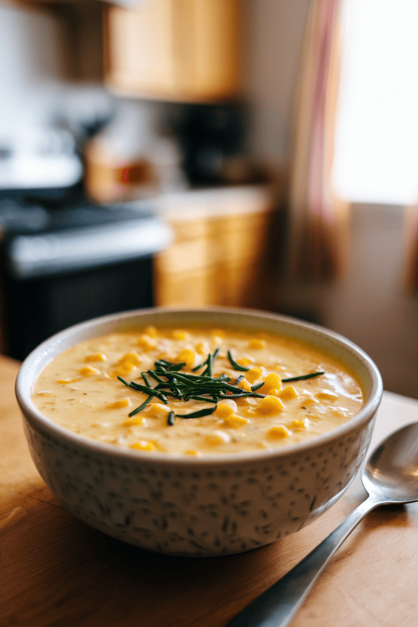 Indoor photo of a soup bowl filled with creamy corn chowder, bits of potato and corn kernels visible, garnished with chopped chives; no text or logos.