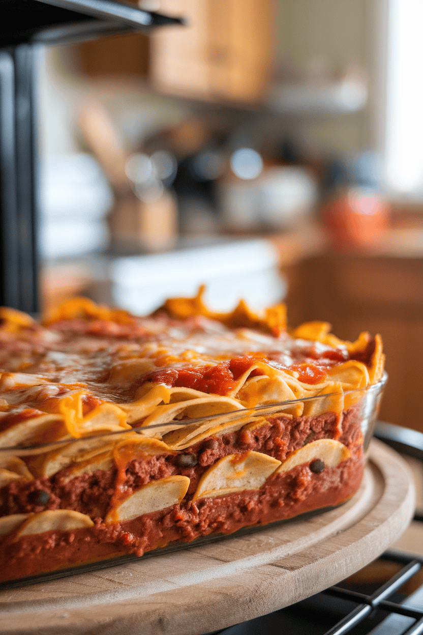 Indoor oven-side view of a casserole dish layered with tortillas, refried beans, salsa, and melted cheese, edges browned; no text or logos.