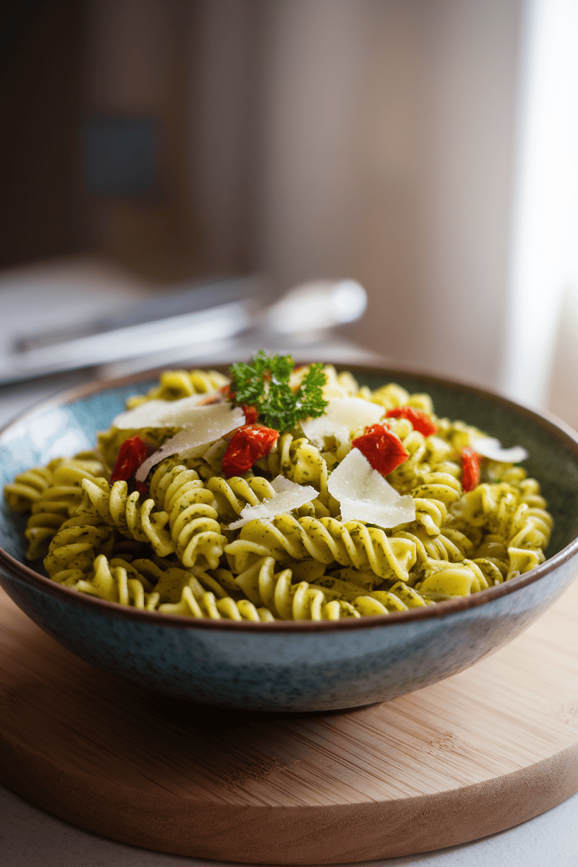Indoor photo of a wide bowl filled with rotini coated in bright green pesto, dotted with sun-dried tomatoes and parmesan shavings. Gentle window light, no visible text or logos.