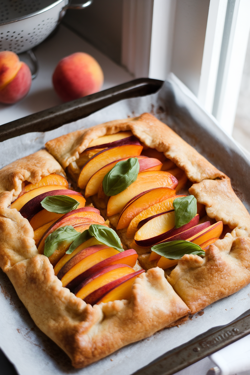 Photo of an indoor baking tray of rustic peach galette cut into square portions, basil leaves scattered on top. Soft daylight from a nearby window; no text or logos.