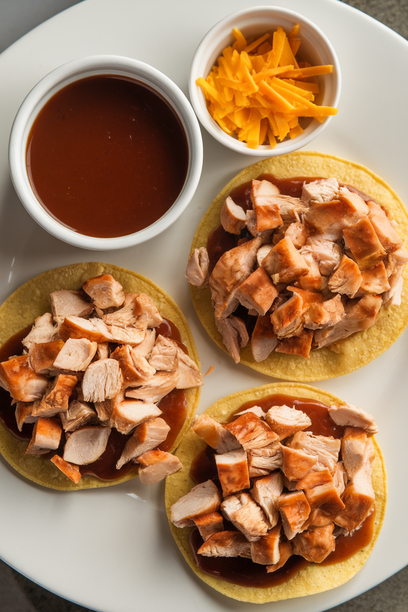 Indoor photo of small corn-flour tostadas, diced cooked chicken breast, a ramekin of smoky barbecue sauce, and a pinch bowl of shredded cheddar—shot overhead, no text or logos.
