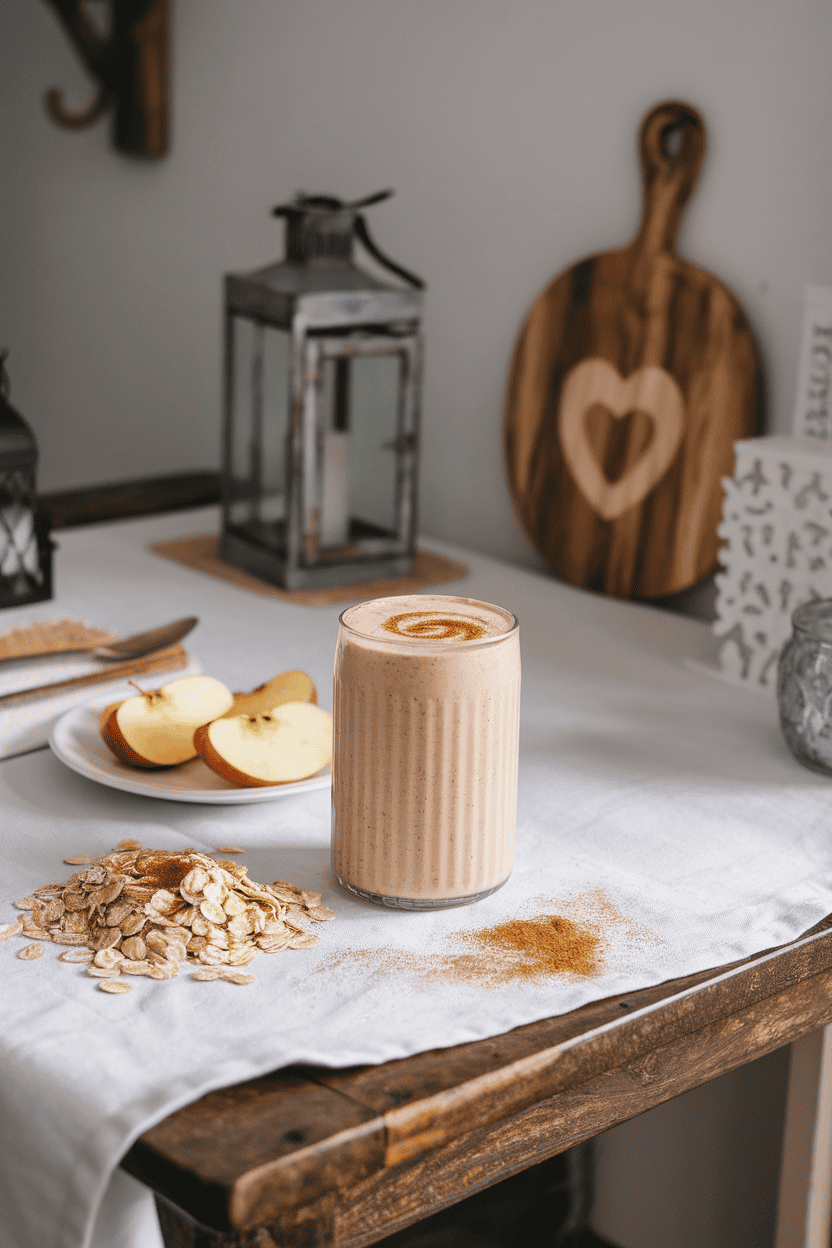 Indoor farmhouse table with a creamy beige smoothie, apple wedges and a small pile of rolled oats dusted with cinnamon. Photo, no text or logos.