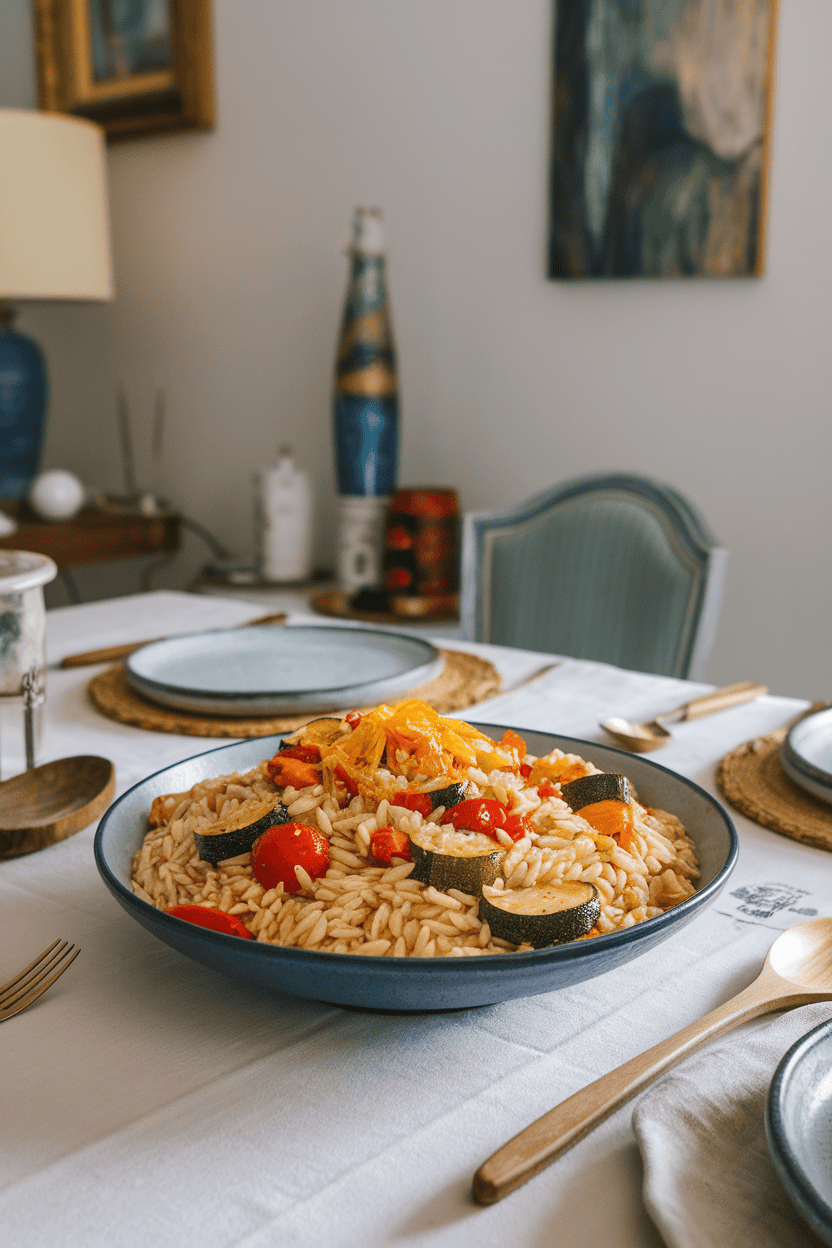 Indoor dining table with a wide bowl of cooked orzo mixed with roasted zucchini, cherry tomatoes, and bell peppers, garnished with lemon zest; photo depiction, no text or logos.