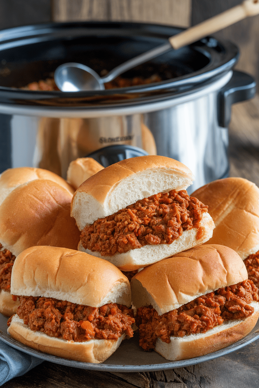 Indoor photo of a platter of toasted buns filled with saucy ground beef Sloppy Joes, a ladle resting in a slow cooker behind them; no text or logos.