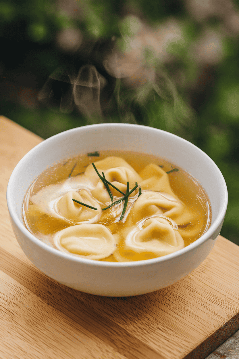 An indoor soup bowl filled with clear chicken broth floating delicate cheese tortellini and a sprinkle of chives. Steam visible, no text or logos. Photo, not illustration.