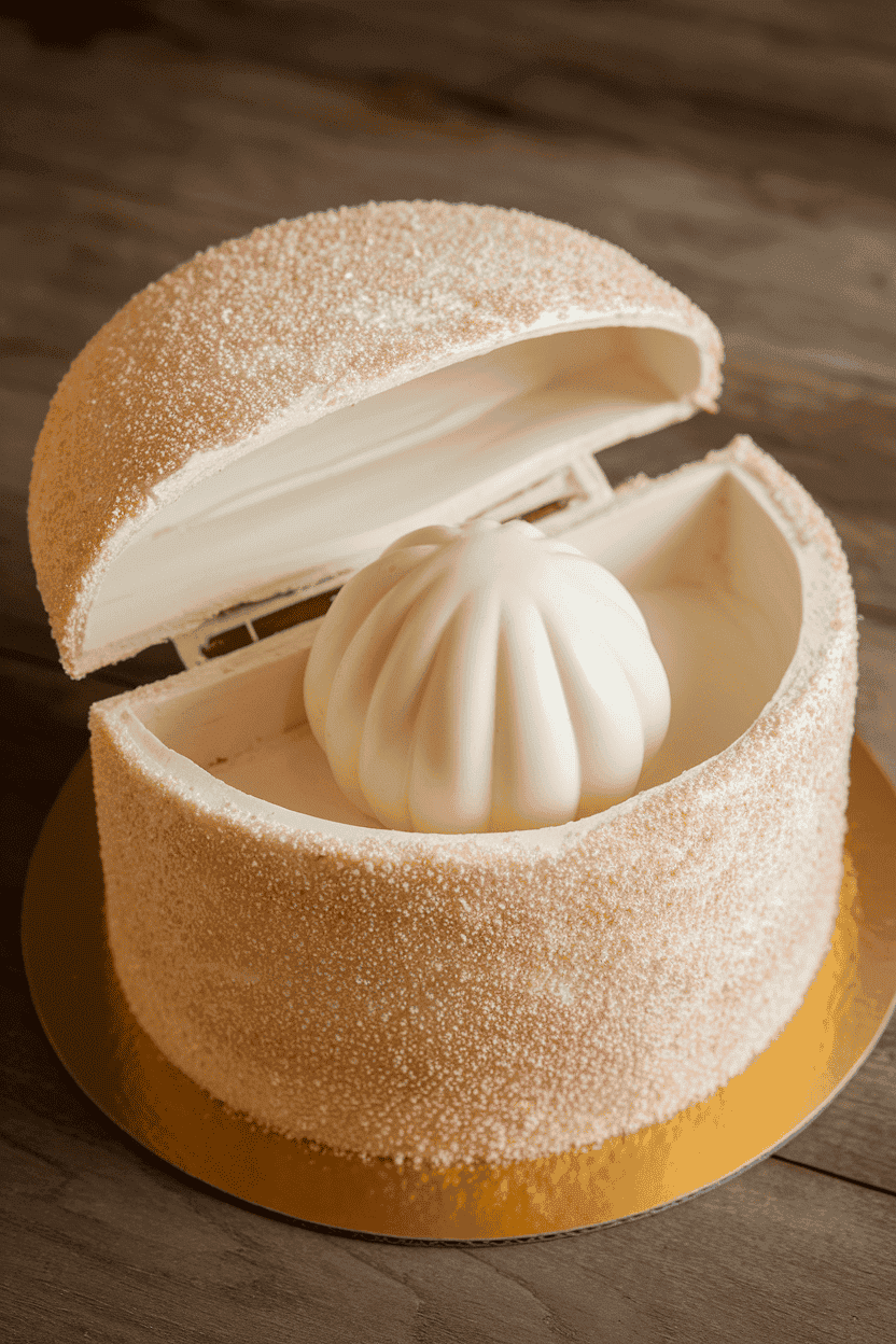 Indoor photo of two semicircular cake layers sandwiched open like a clam, dusted in pearly luster, with a large white chocolate “pearl” inside; no text or logos.