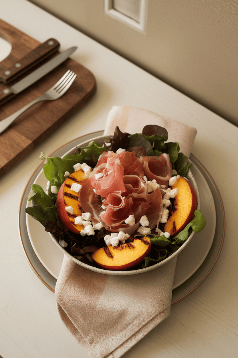 An indoor tabletop setting with a shallow bowl of mixed greens, grilled peach wedges, ribbons of prosciutto, and crumbled feta. No logos or text on dishware.