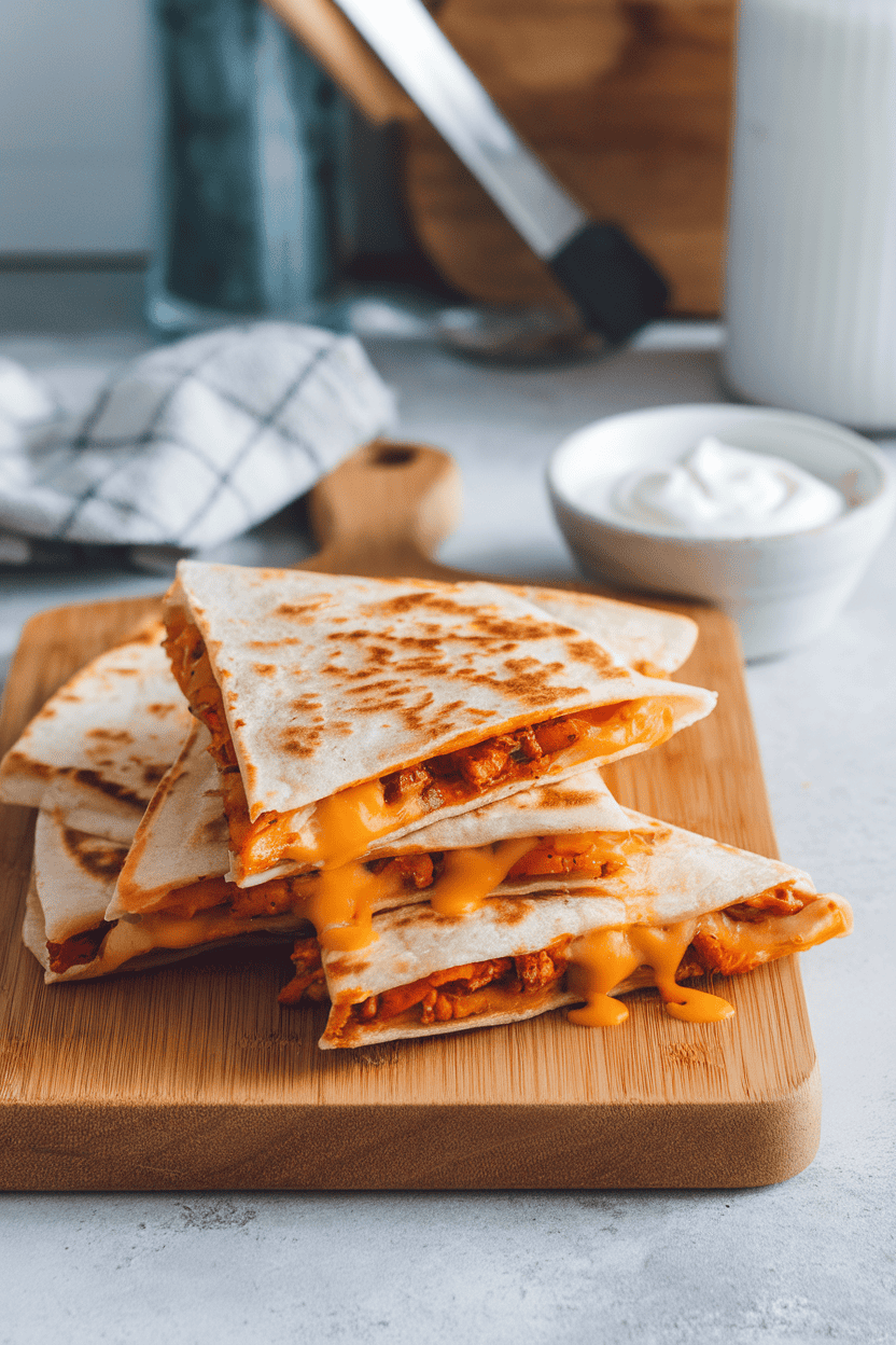 A cutting board on an indoor kitchen table holding triangular wedges of barbecue chicken quesadillas, melted cheddar oozing at the edges, with a small bowl of sour cream beside them. No text or logos present.