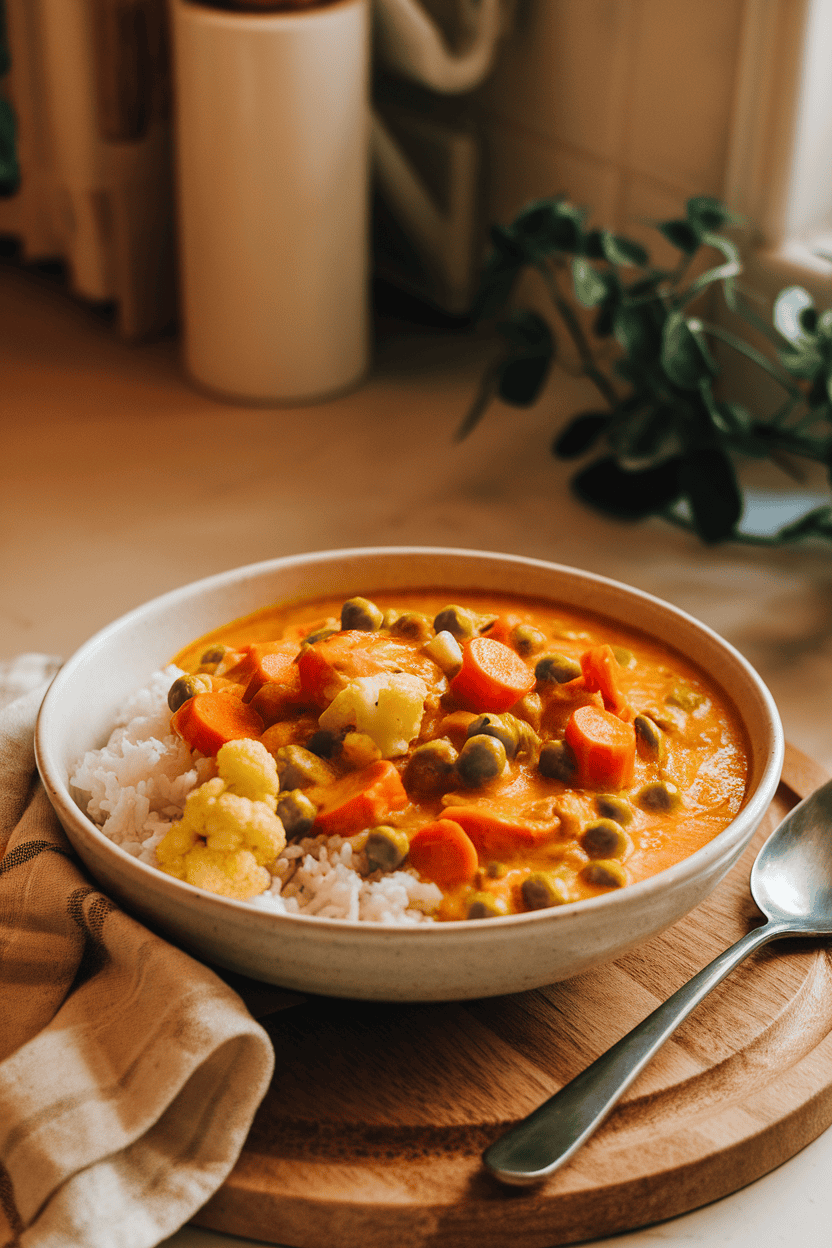 Indoor countertop with a bowl of creamy coconut curry filled with carrots, cauliflower, and peas, served over rice; no text or logos in the scene.