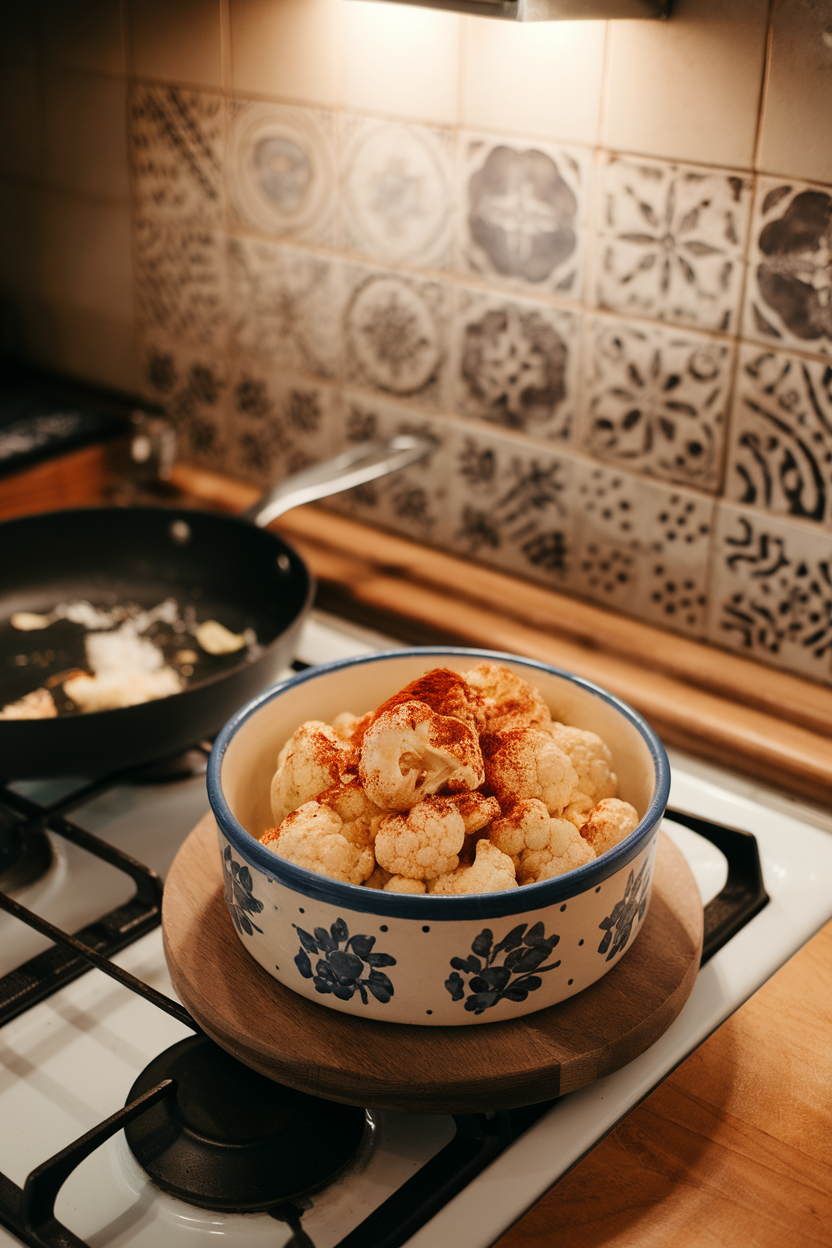Photo — an indoor stovetop scene with a ceramic bowl of roasted cauliflower florets dusted in chili powder. Warm overhead lighting; no text or logos.