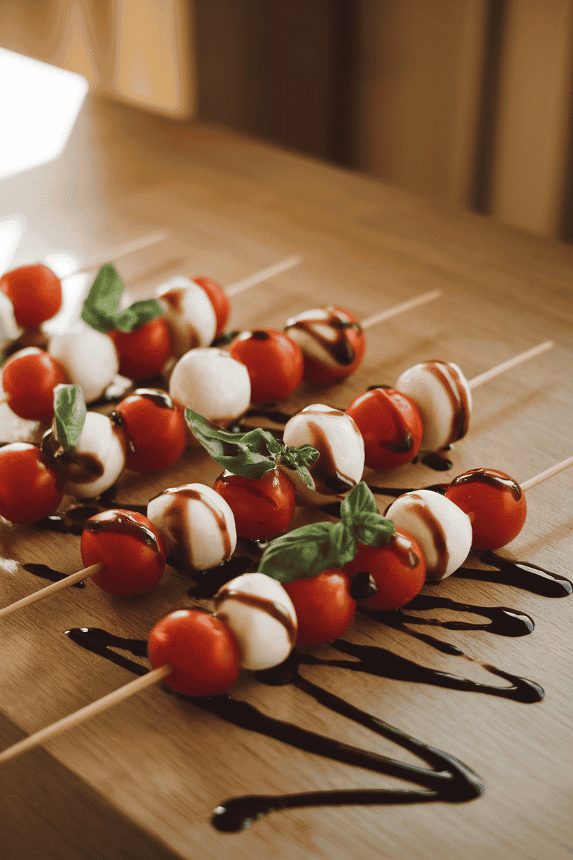 A warmly lit indoor table showcasing short wooden skewers threaded with cherry tomatoes, mozzarella pearls, and small basil leaves, drizzled lightly with balsamic glaze; no text or logos. Photo, not illustration.