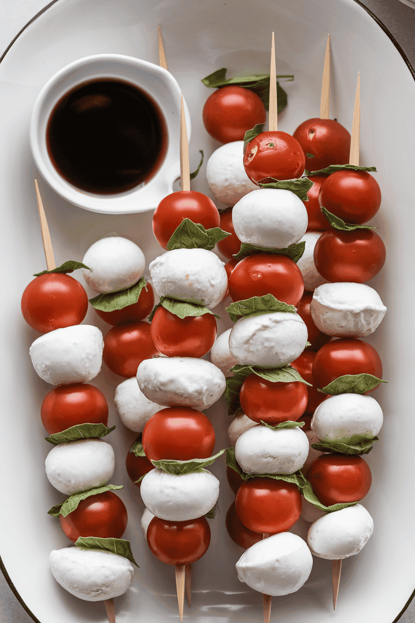 Indoor photo of short bamboo skewers threaded with cherry tomatoes, fresh mozzarella balls, and basil leaves arranged on a white platter, a small dish of balsamic glaze nearby. Slight overhead angle, no text or logos.