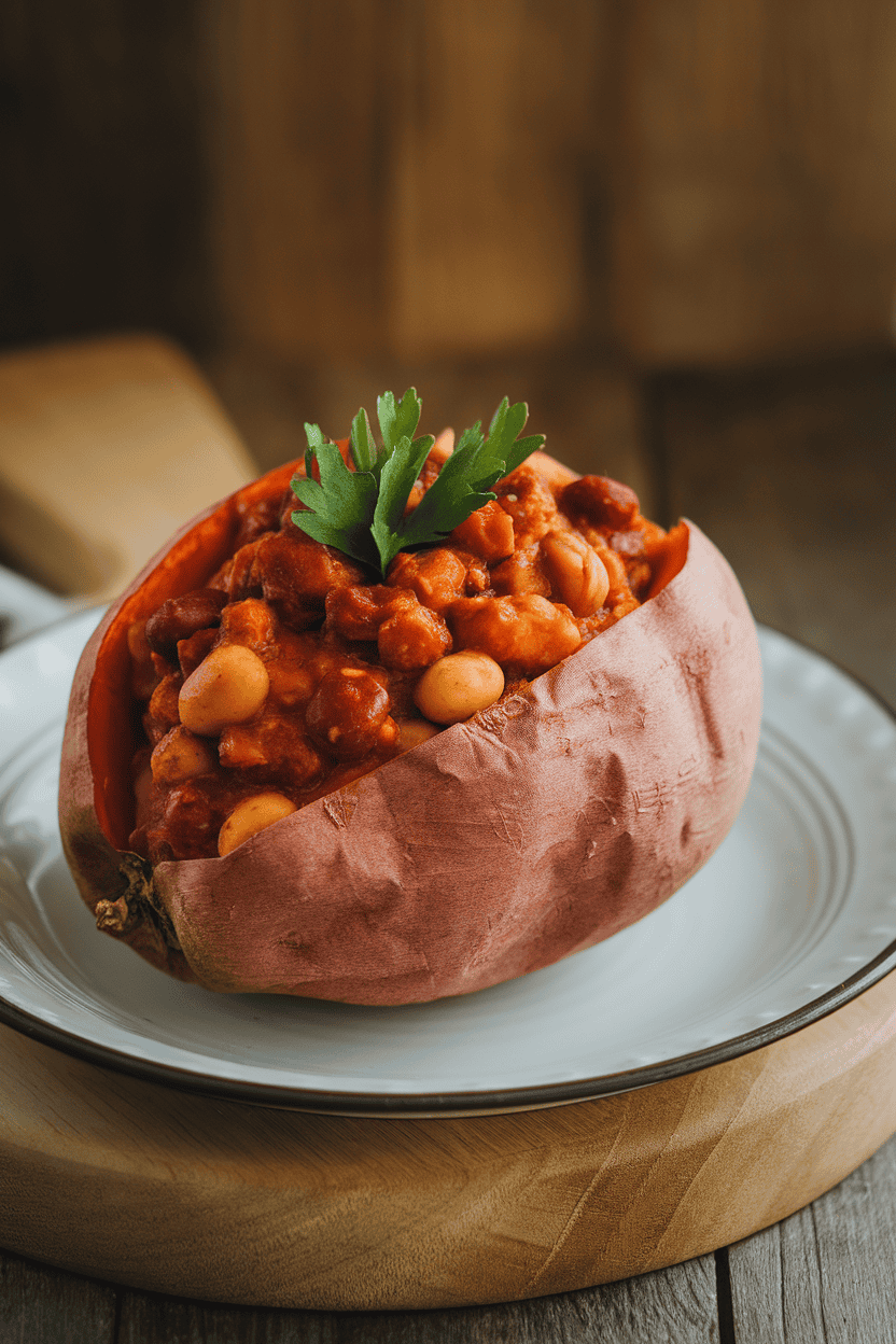 Photo of a split baked sweet potato overflowing with chunky bean chili, captured indoors under cozy lighting; no text or logos present.