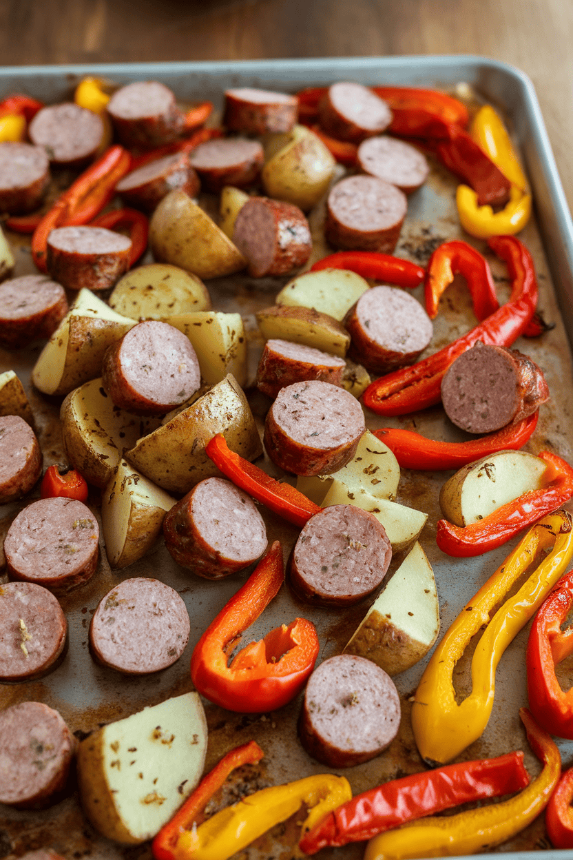 Indoor photo of a sheet pan piled with sliced smoked sausage, seasoned potato chunks, and roasted bell peppers; golden edges visible; no text or logos.